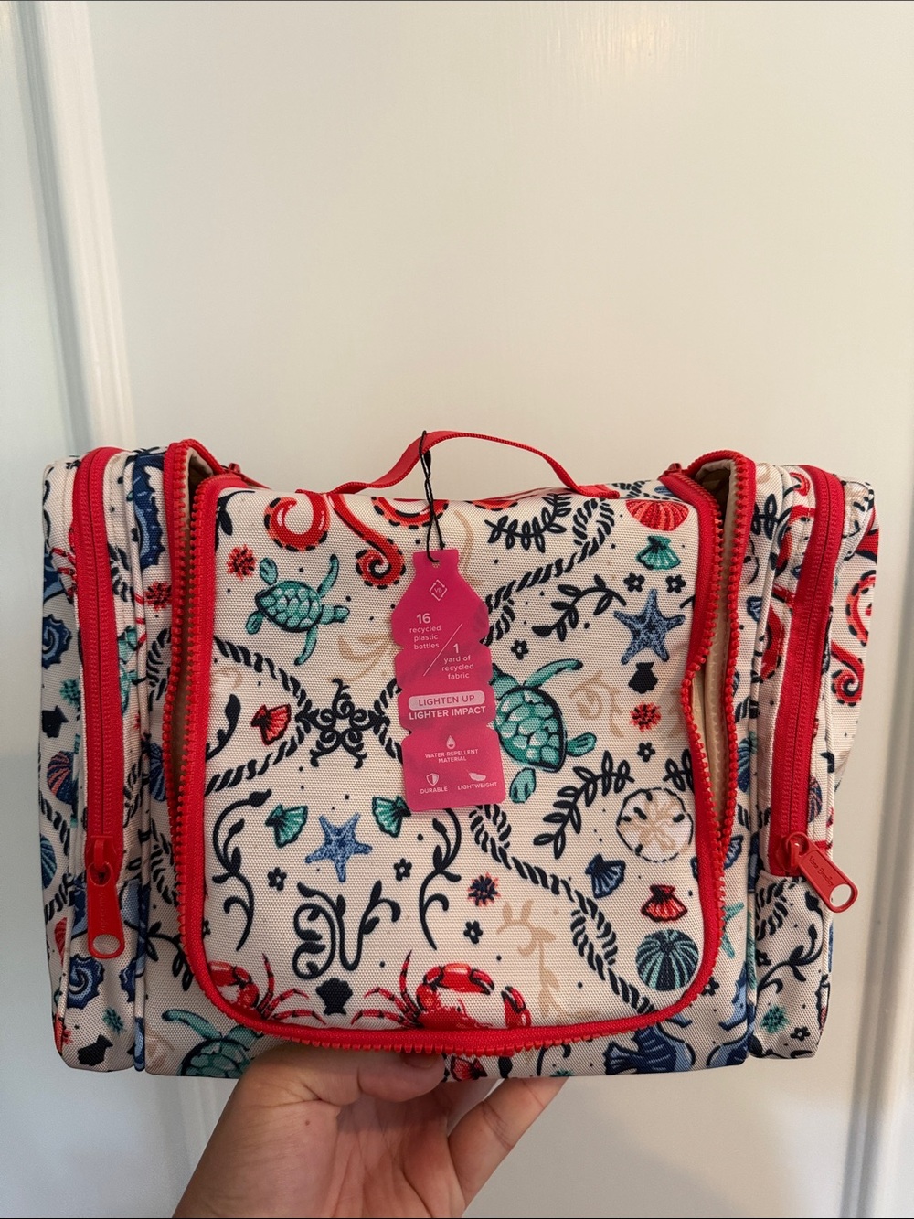 Sea Life Print Toiletry Bag in Red and Teal